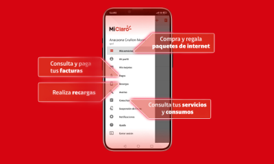 Fondo rojo y dispositivo móvil con pantalla de App Mi Claro Dominicana.