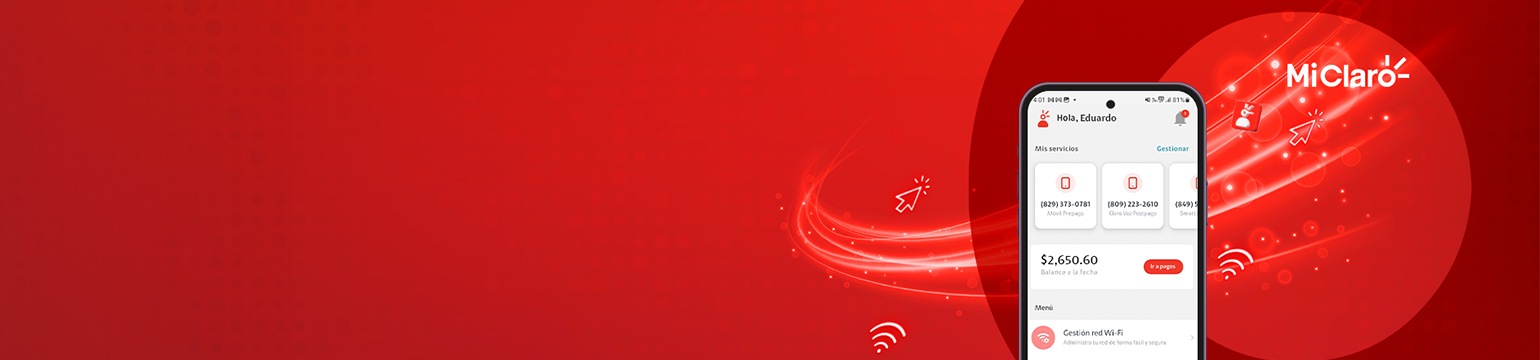 Fondo rojo y dispositivo móvil con pantalla de App Mi Claro