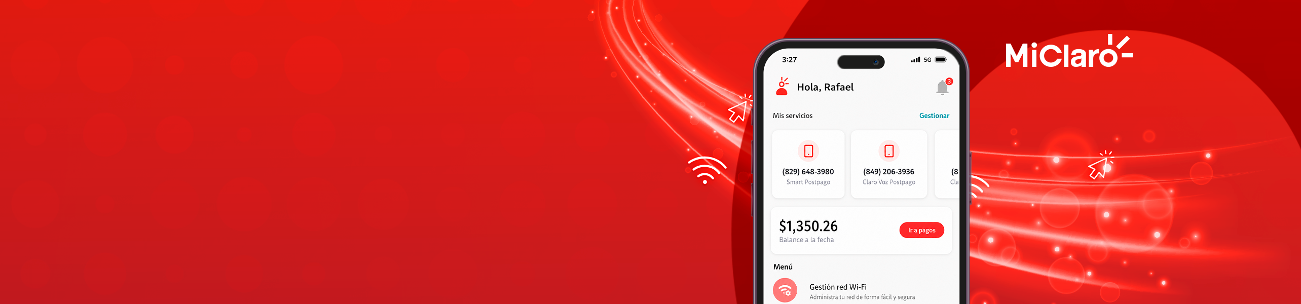 Fondo rojo y dispositivo móvil con pantalla de App Mi Claro Fondo rojo y dispositivo móvil con pantalla de App Mi Claro