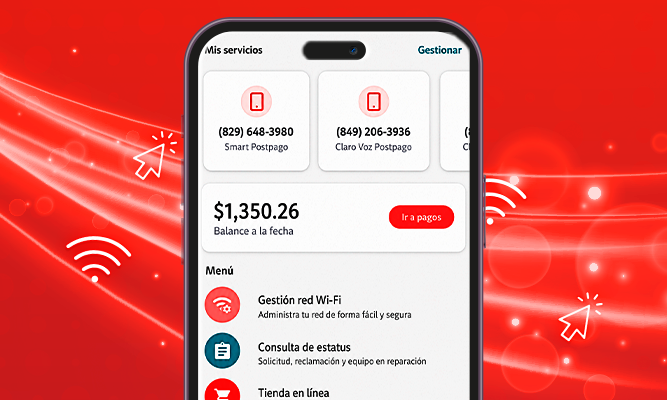 Fondo rojo y dispositivo móvil con pantalla de App Mi Claro Dominicana. Fondo rojo y dispositivo móvil con pantalla de App Mi Claro Dominicana.